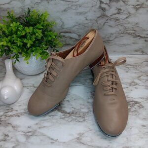 CAPEZIO TELE TONE TAP Women's Size 8W Tan Leather Tap Shoes Lace Up